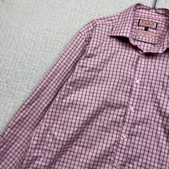 Thomas Pink Dress Shirt Mens 17-35 Pink Plaid Checks Classic Fit Traveller - Picture 3 of 12